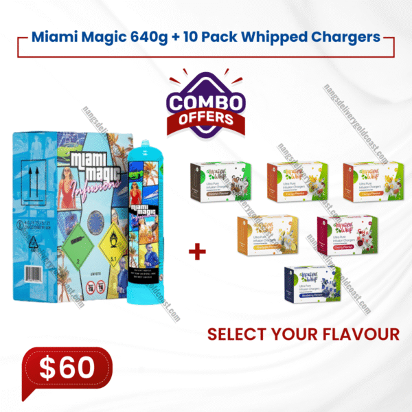 1x Miami Magic 640g Tank + 10 pack flavour whipped cream chargers