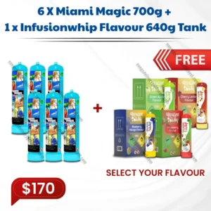 6X Miami Magic 700g N2o Cylinder + 1x Infusionwhip Flavour 640g Tank